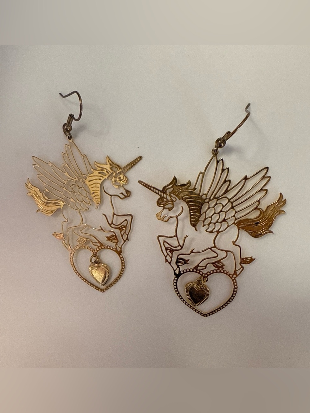 Gold Kawaii Unicorn Wing Heart Dangle Earrings